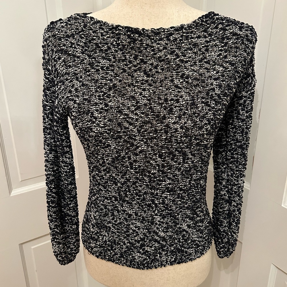 ALICE +‎ OLIVIA Black White Boucle Knit Long Sleeve Top XS Fitted Stretch